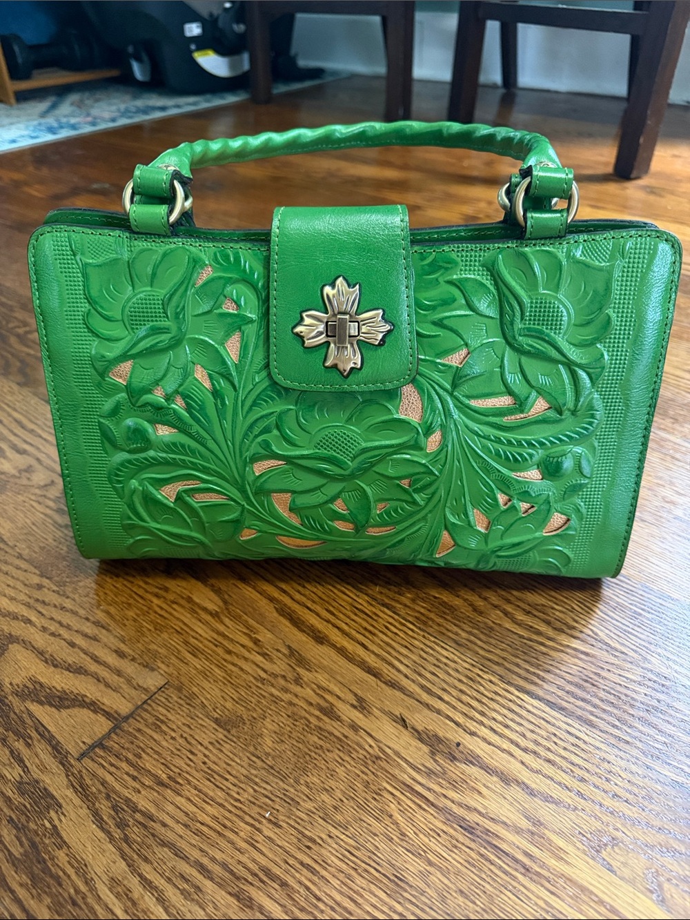 Patricia Nash Green Tooled Floral Leather Satchel